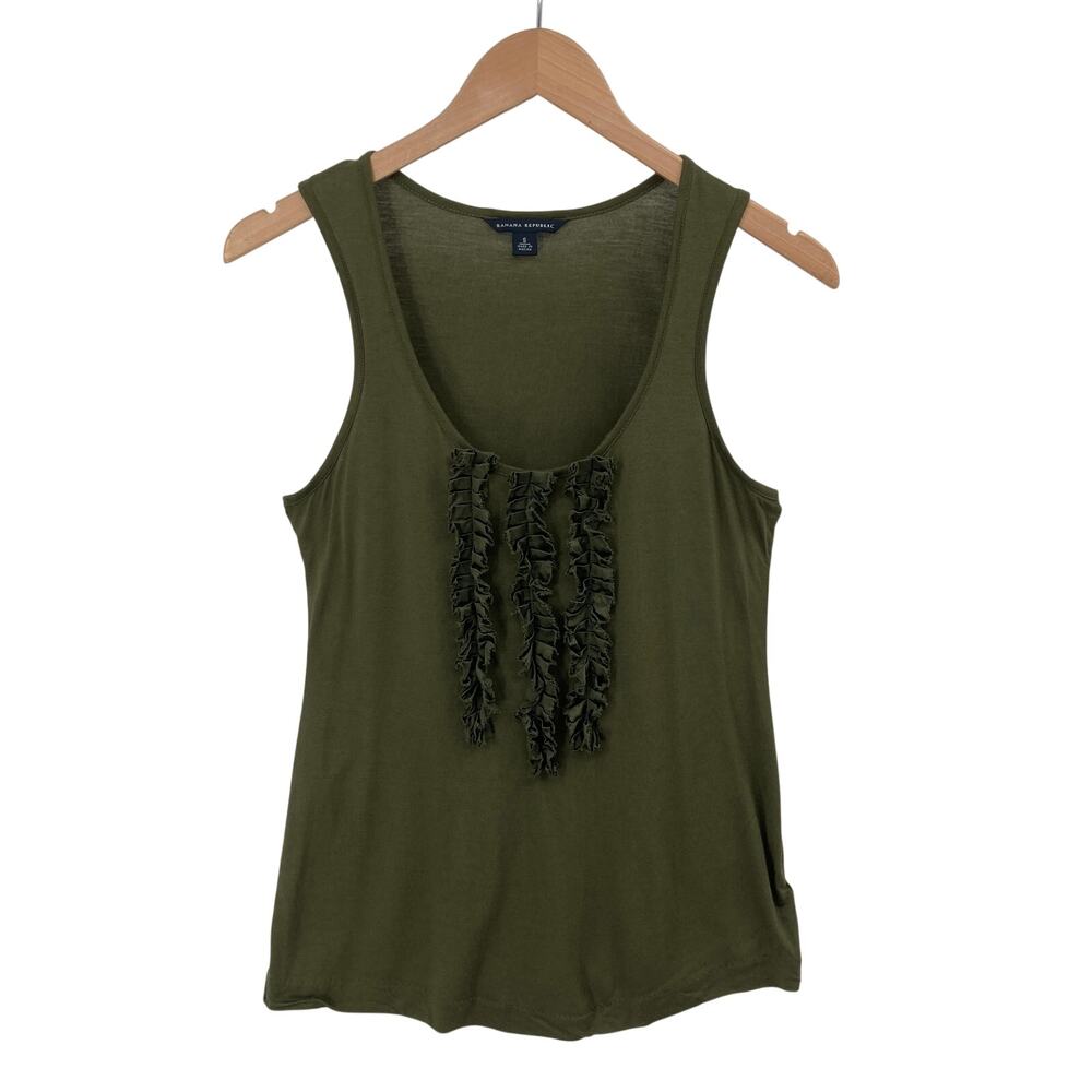 Banana Republic Womens S Olive Green Ruffle Front Tank Top Rayon Silk Trim